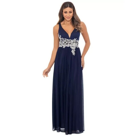 Betsy & Adam Women's Embroidered-Waist Sheath Party Maxi Dress Gown SilverNavy 2 - Picture 1 of 9